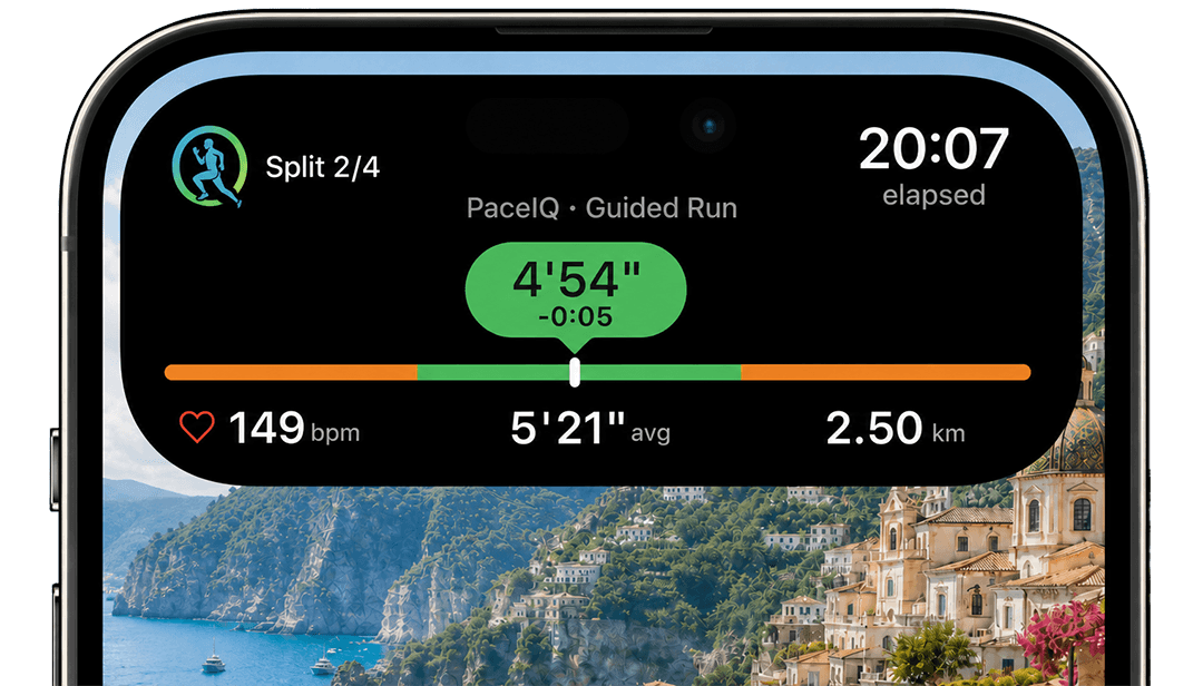 iPhone Live Activity for a PaceIQ guided run in the Dynamic Island: split 2 of 4, current pace inside the pace window, heart rate, average pace and distance