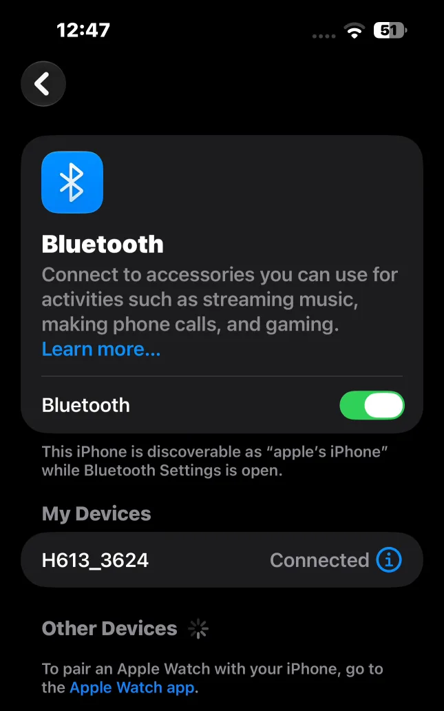 iPhone Bluetooth settings: a heart-rate sensor connected under My Devices