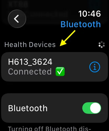 Apple Watch Bluetooth settings: a heart-rate strap connected under Health Devices